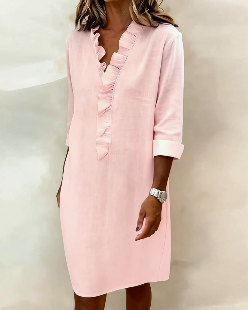 Solid Color Ruched V-Neck Dress