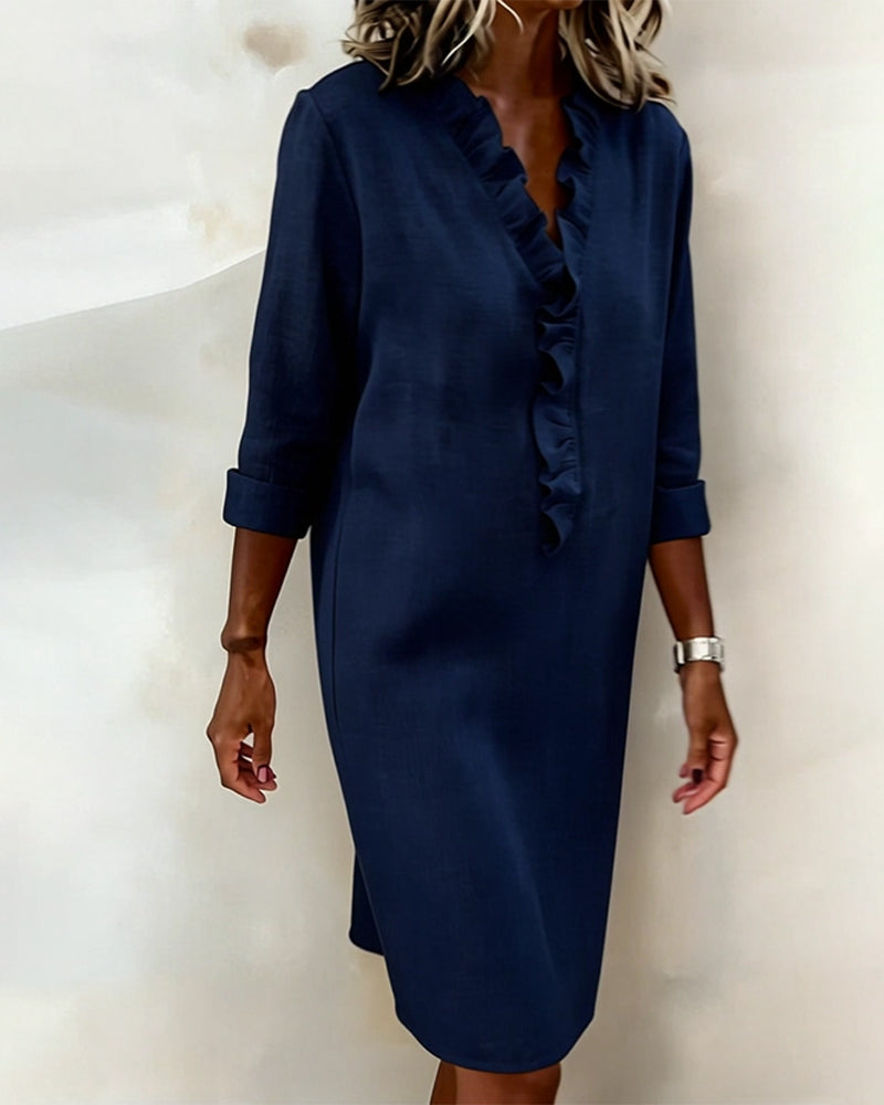 Solid Color Ruched V-Neck Dress