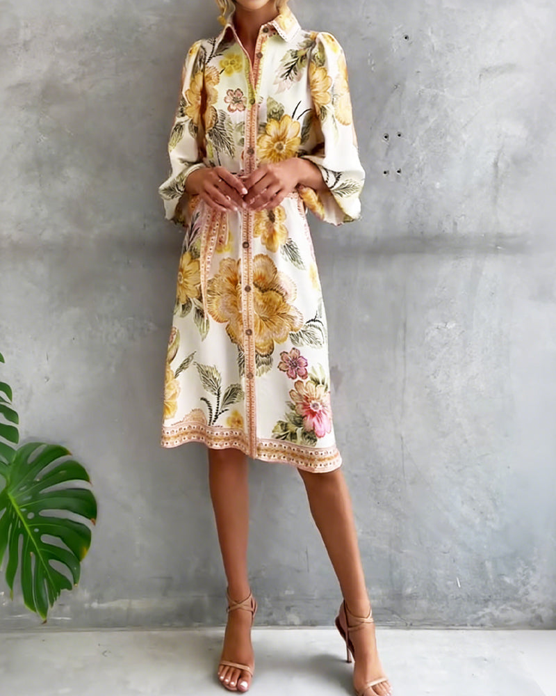 French Style Printed Dress with Lantern Sleeves