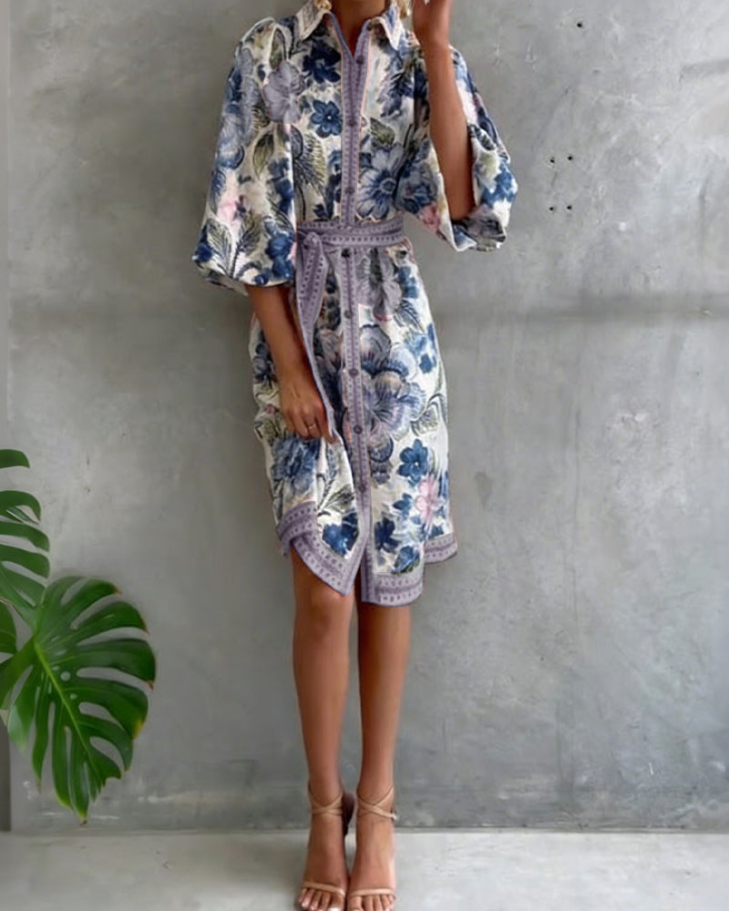 French Style Printed Dress with Lantern Sleeves
