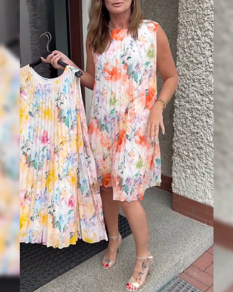 Sleeveless Pleated Floral Dress