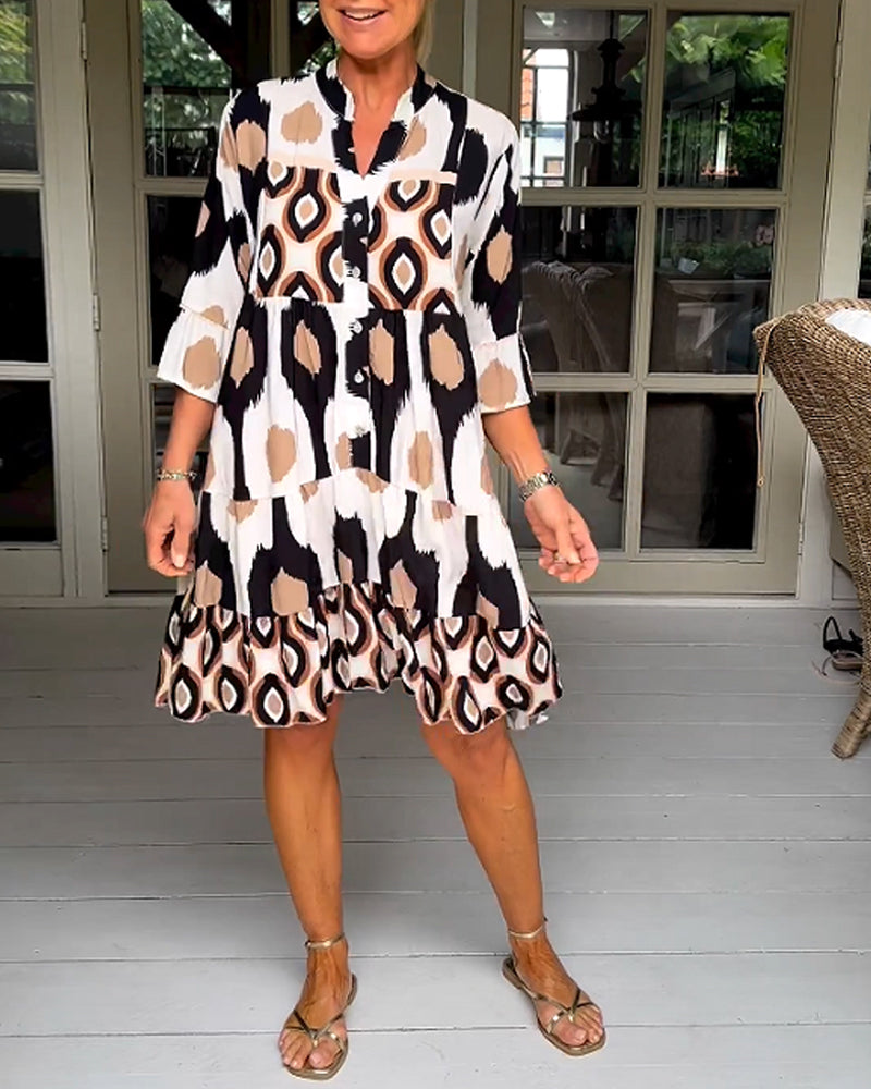 Elegant Geometric Print Button Dress