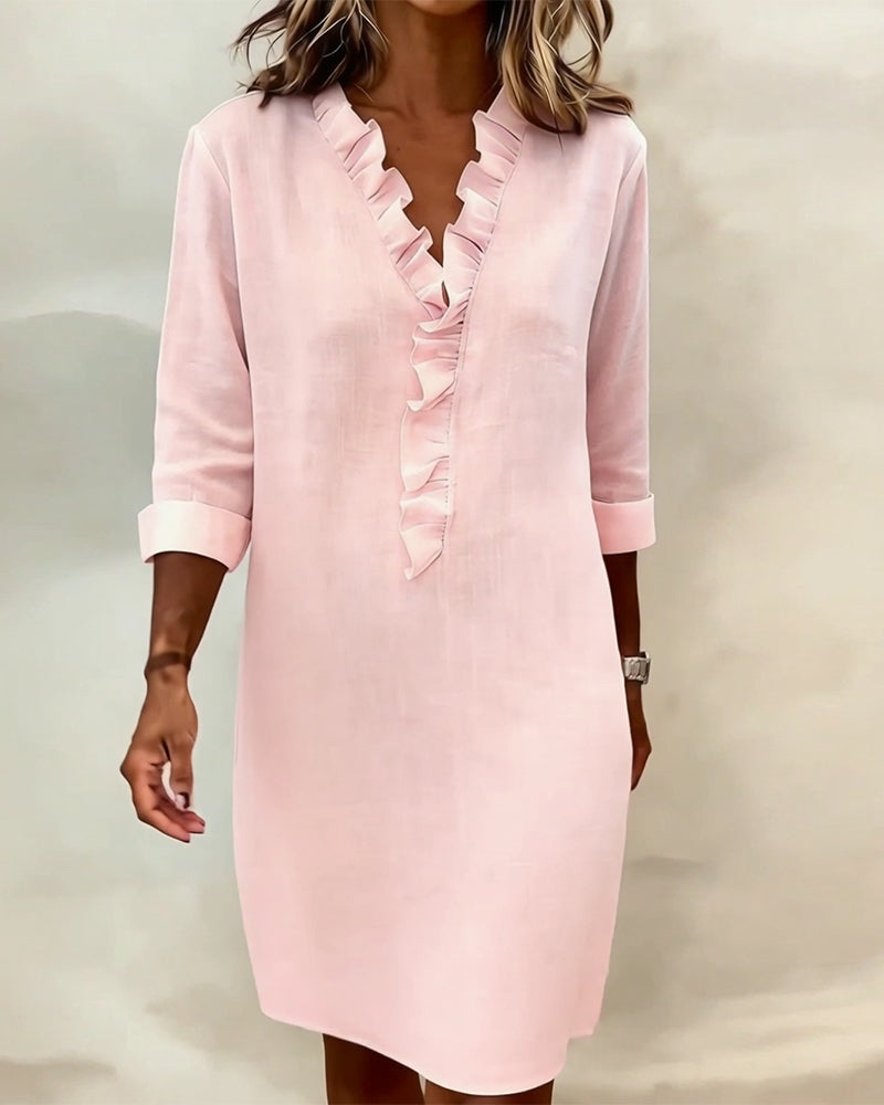 Solid Color Ruched V-Neck Dress