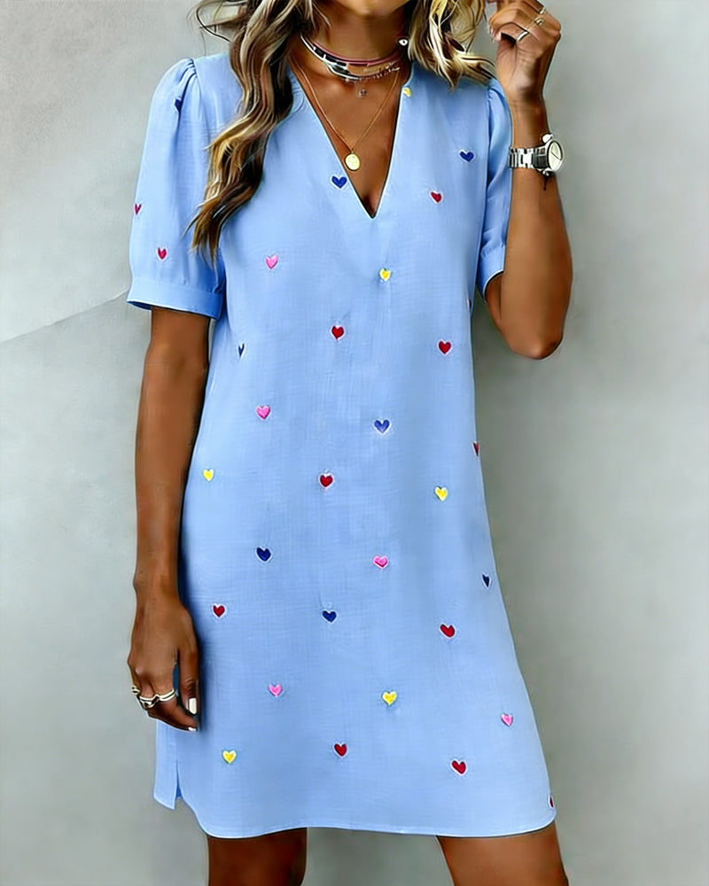 Colourful Heart Print V-Neck Dress