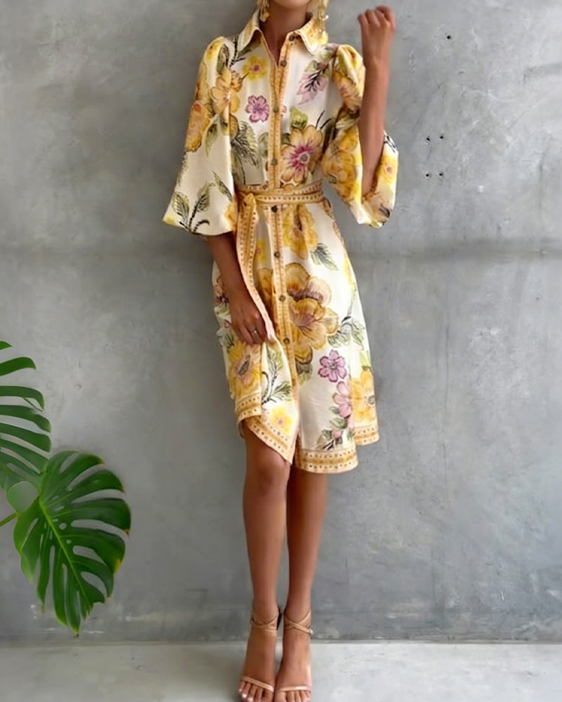 French Style Printed Dress with Lantern Sleeves