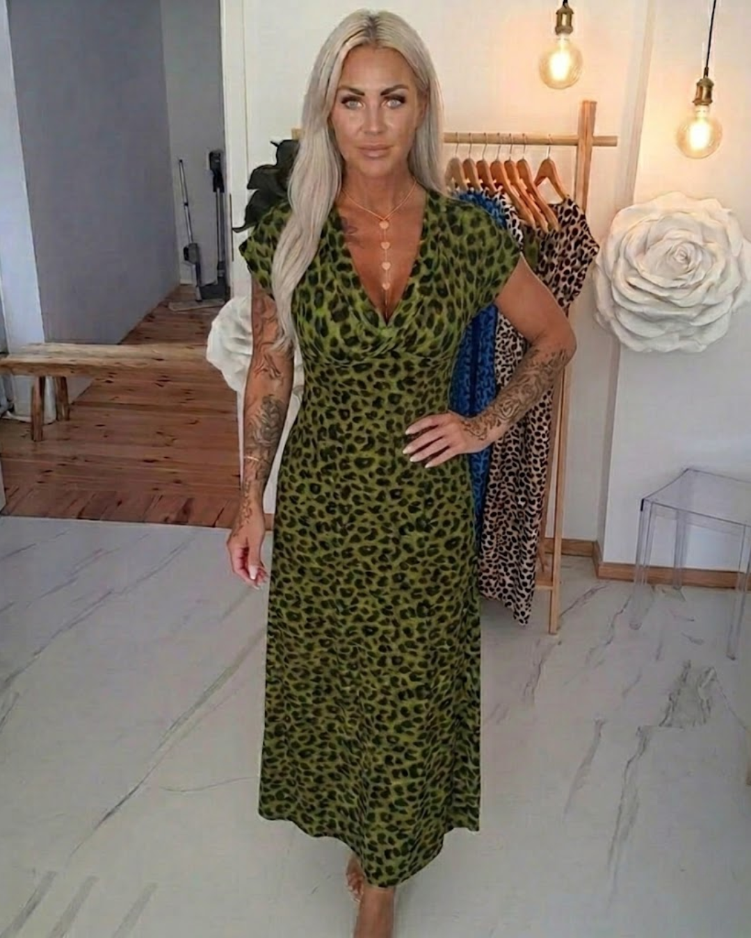 Elegant Leopard Print V-Neck Dress