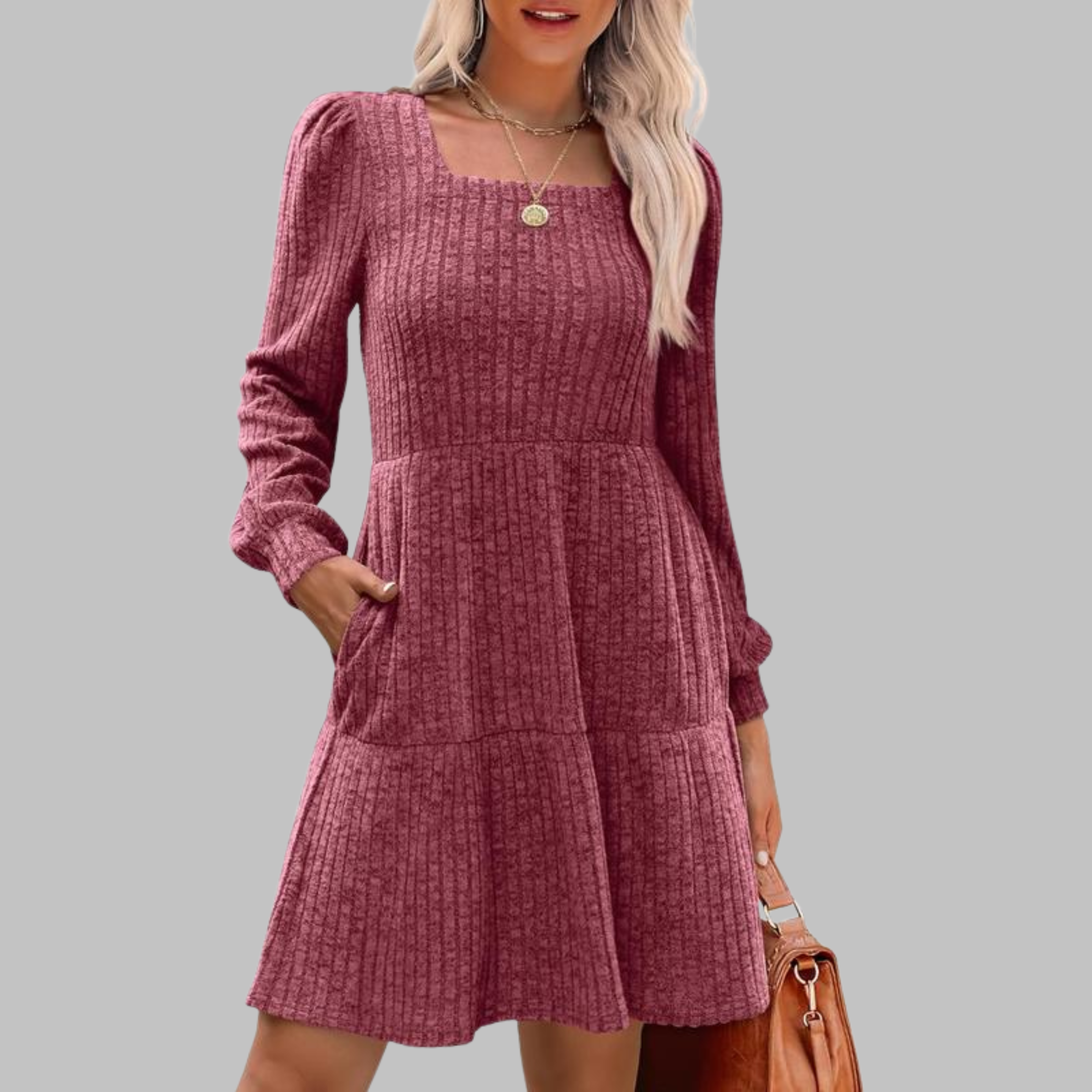 ULAN™ - Casual Square Neck Long Sleeve Midi Dress