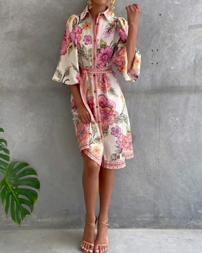 French Style Printed Dress with Lantern Sleeves