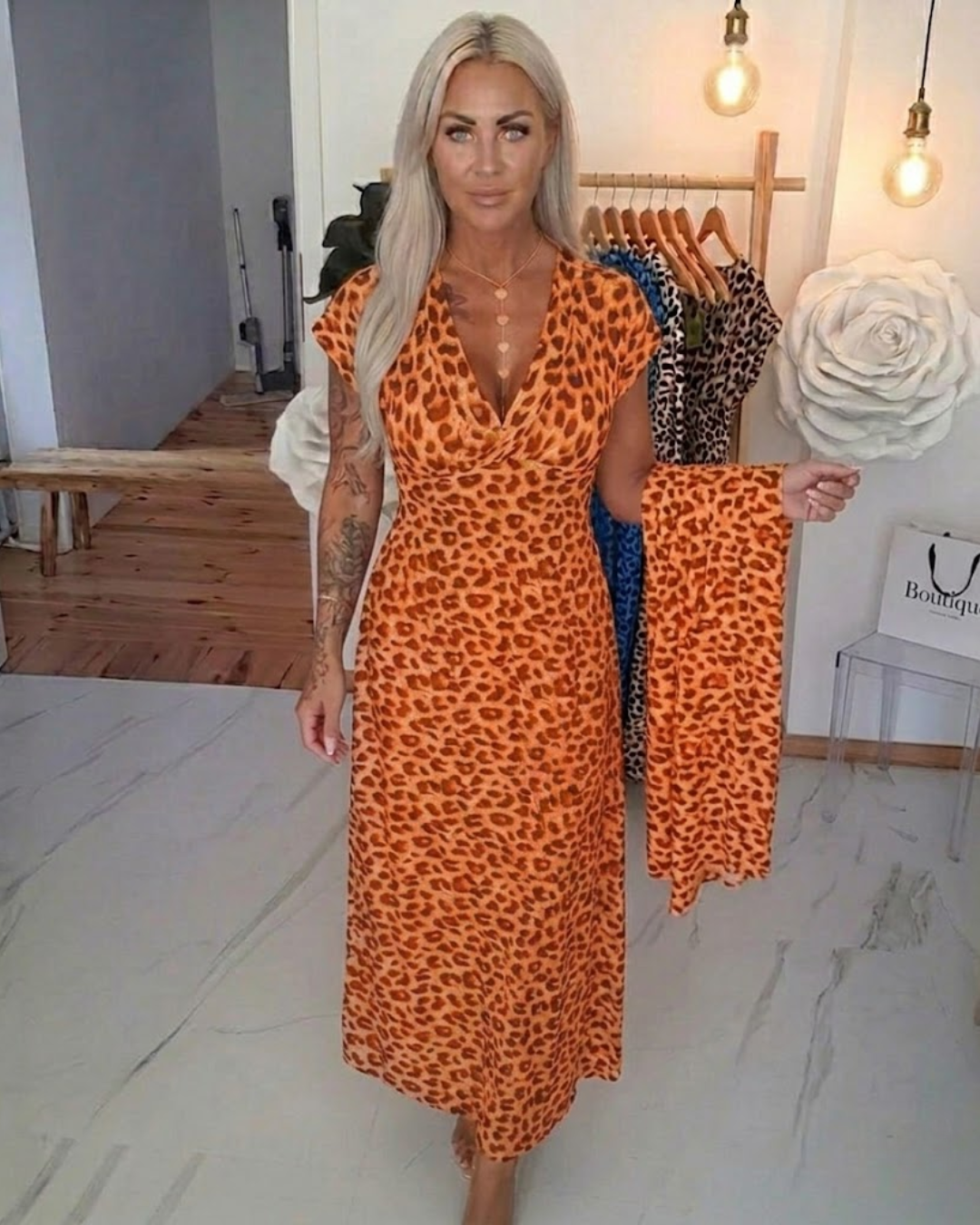 Elegant Leopard Print V-Neck Dress