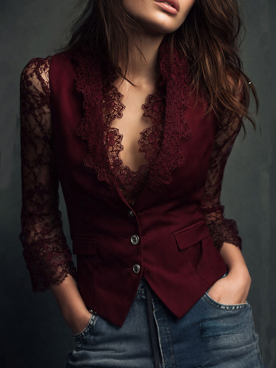 Elegant Black Lace Panel Sleeve Blazer Top