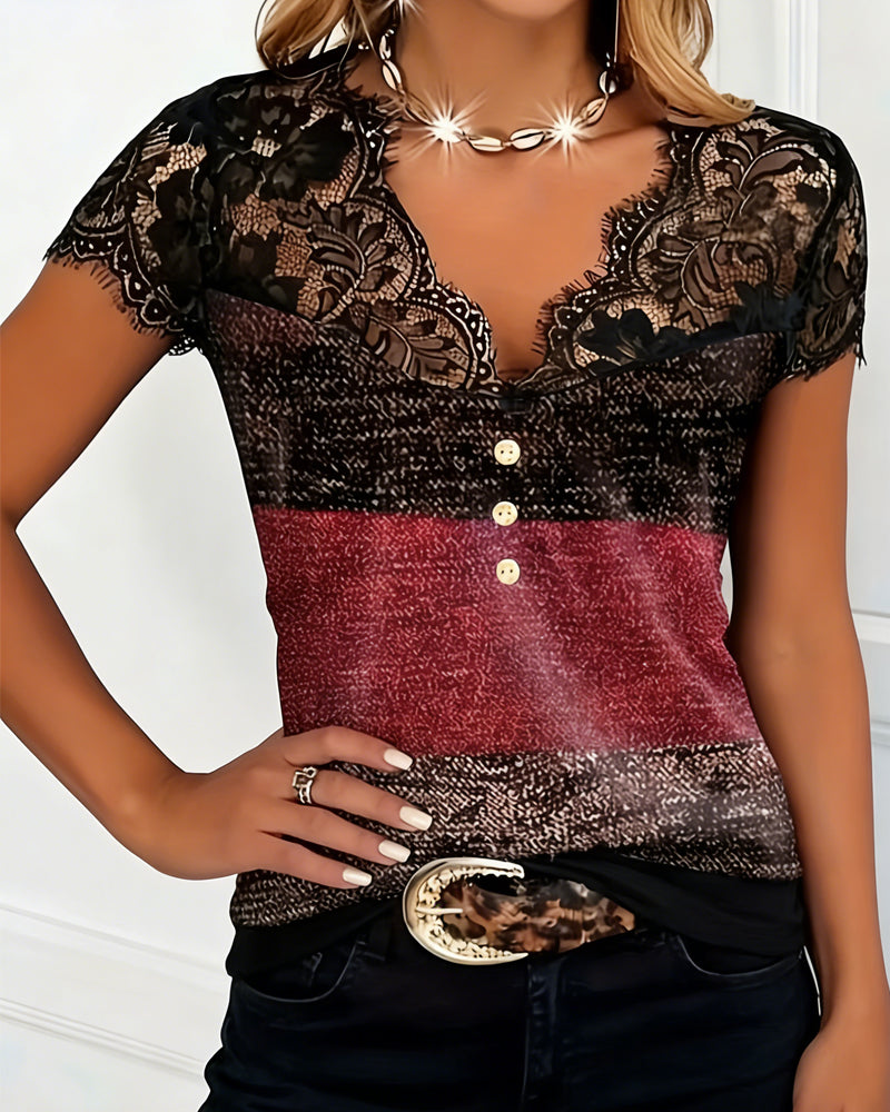 V-Neck Lace Patchwork Contrast Colour T-Shirt