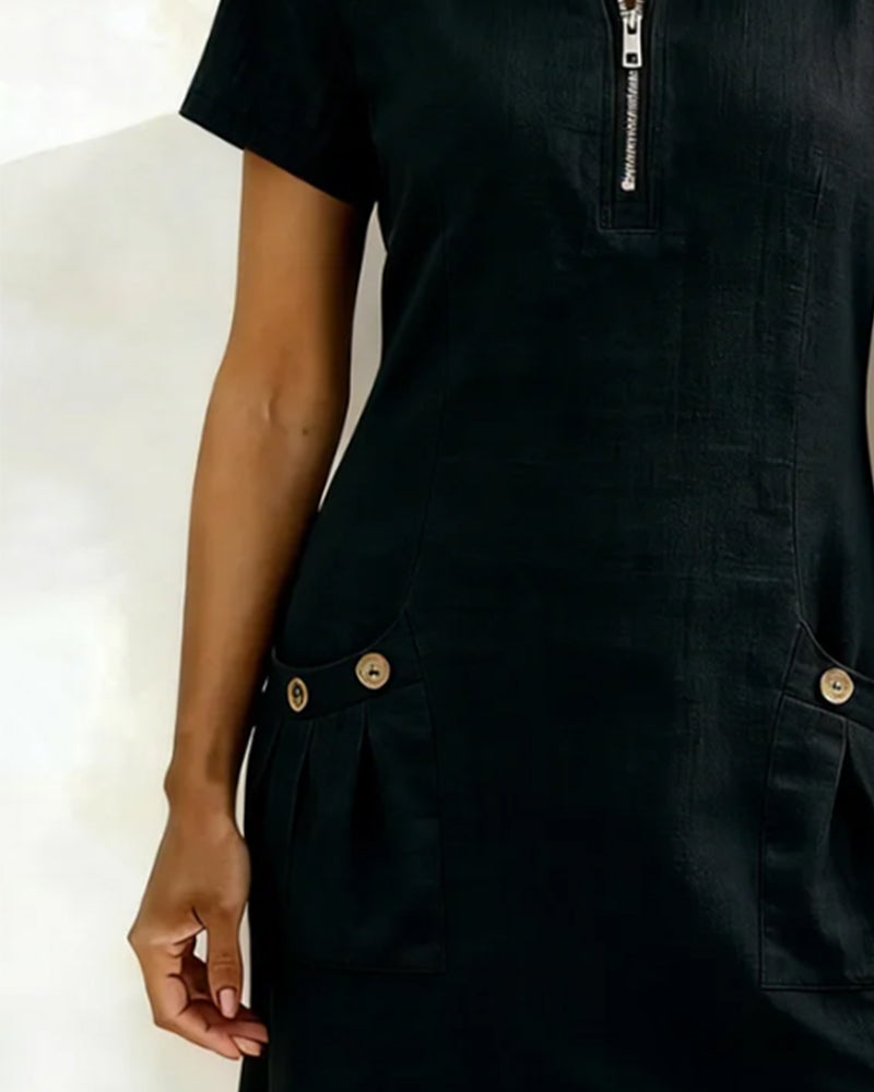 Cotton Linen Dress with Zipper and Pockets