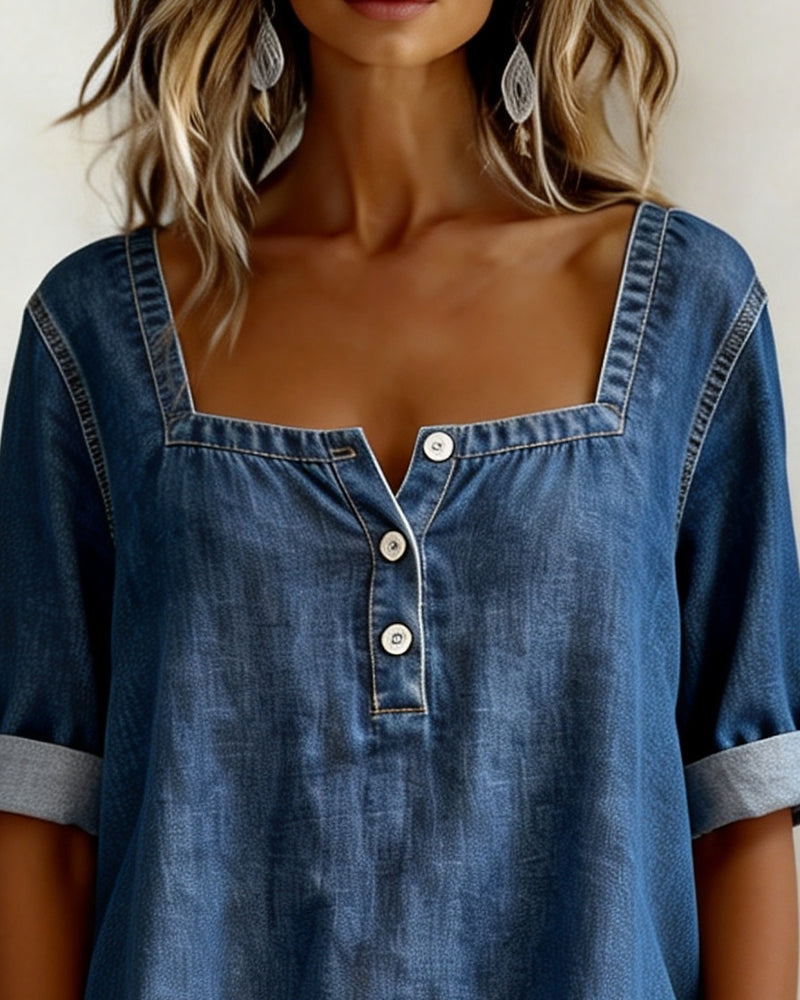 Shirt Square Neck Denim Half Sleeve