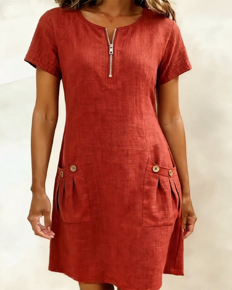 Cotton Linen Dress with Zipper and Pockets