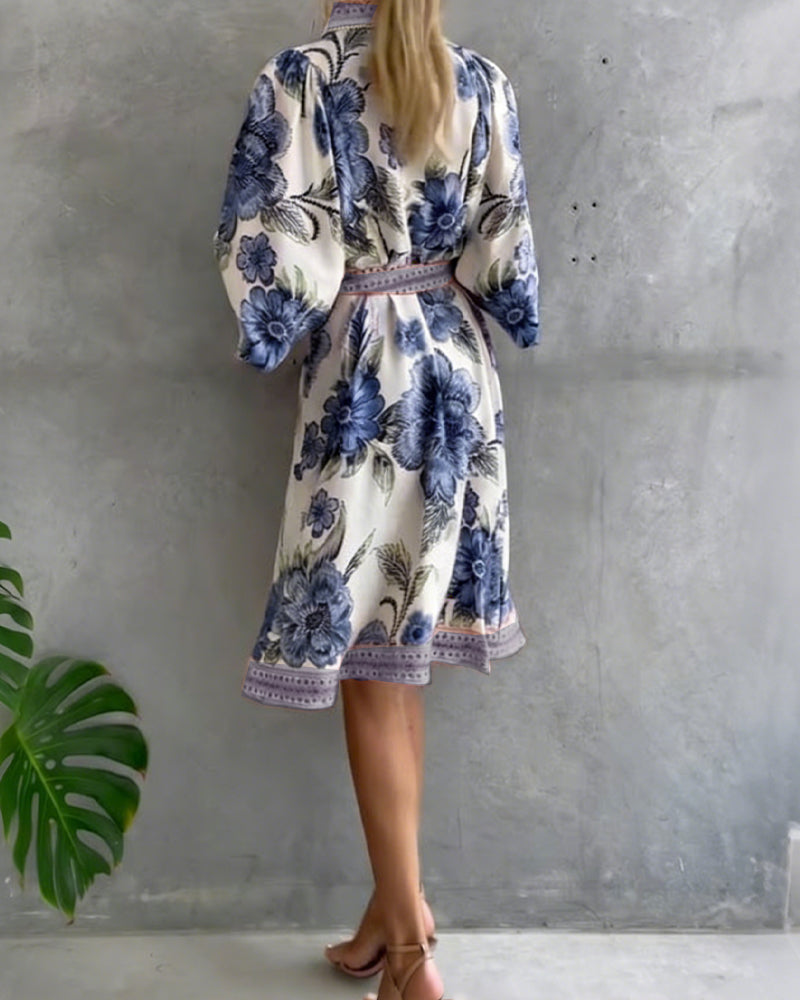 French Style Printed Dress with Lantern Sleeves