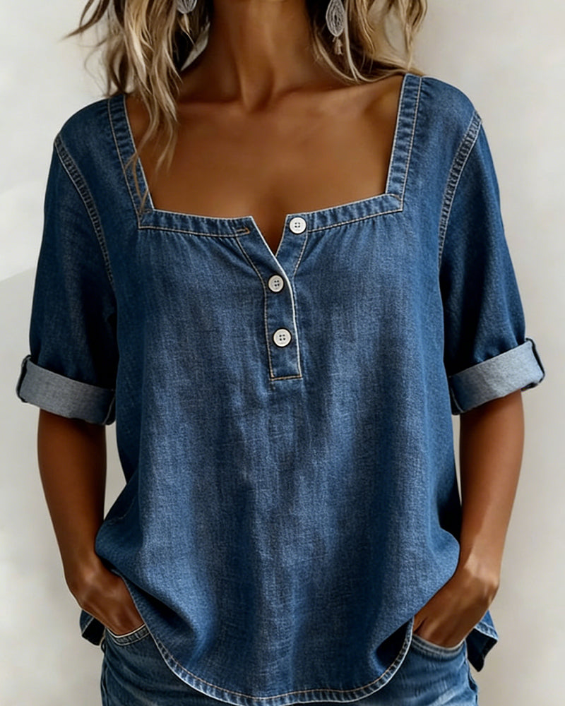 Shirt Square Neck Denim Half Sleeve