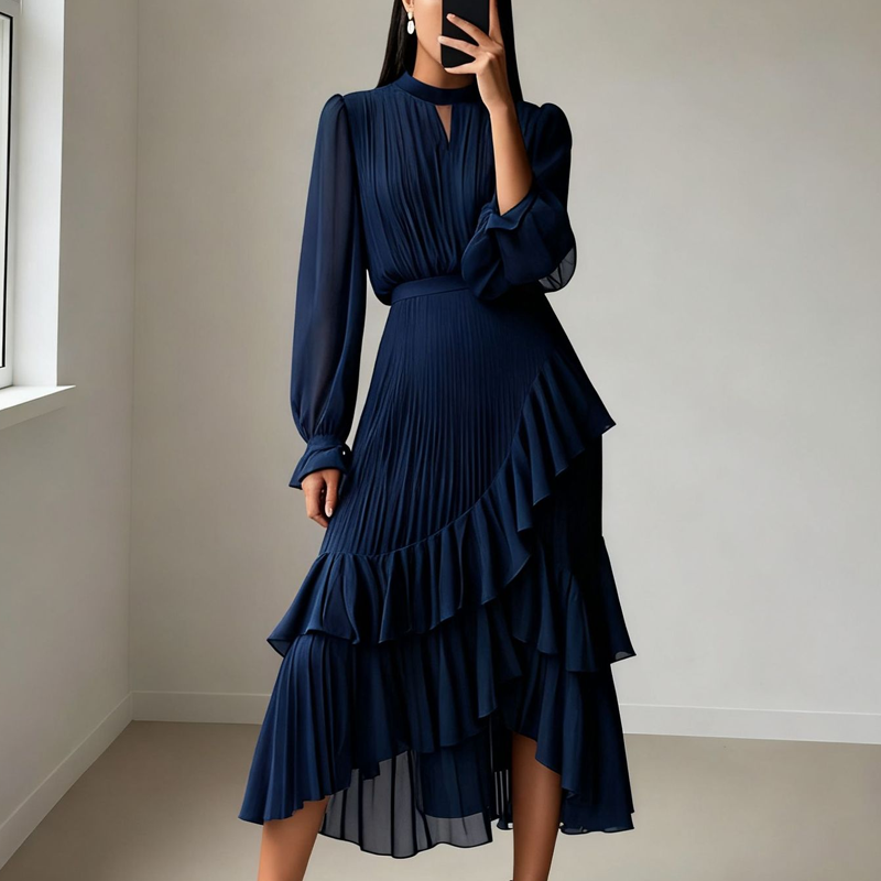 Womens Keyhole Neckline Ruffled Midi Dress