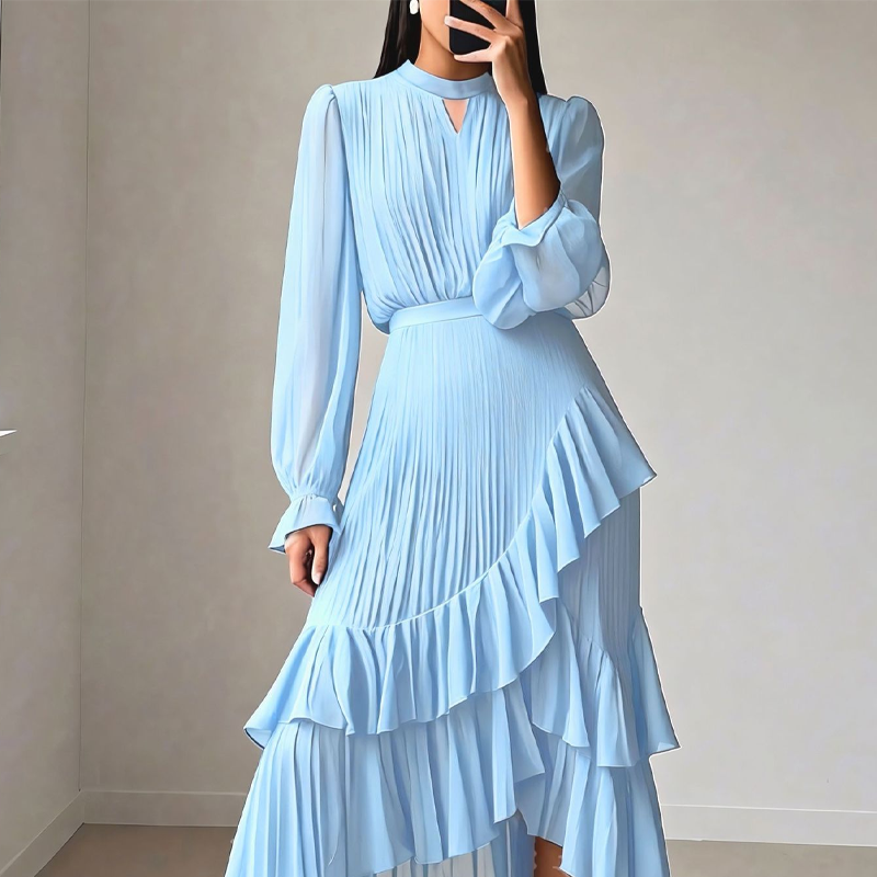 Womens Keyhole Neckline Ruffled Midi Dress