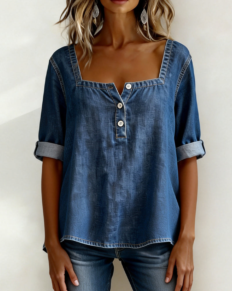 Shirt Square Neck Denim Half Sleeve