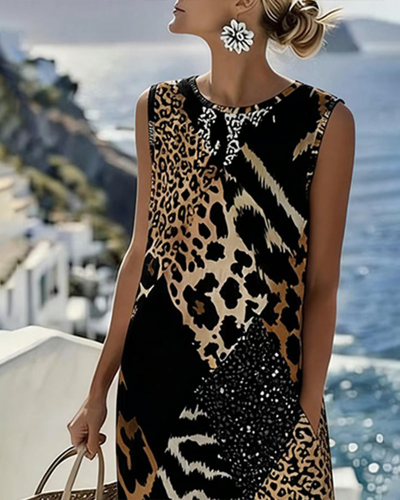 Sleeveless Patchwork Leopard Print Maxi Dress