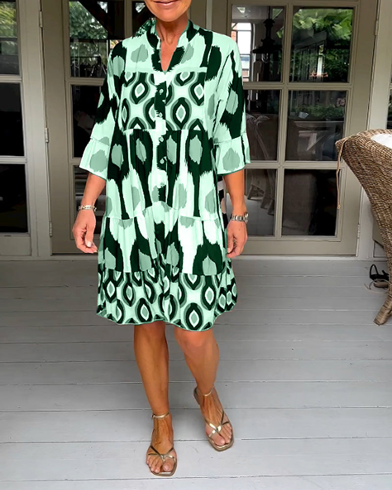 Elegant Geometric Print Button Dress