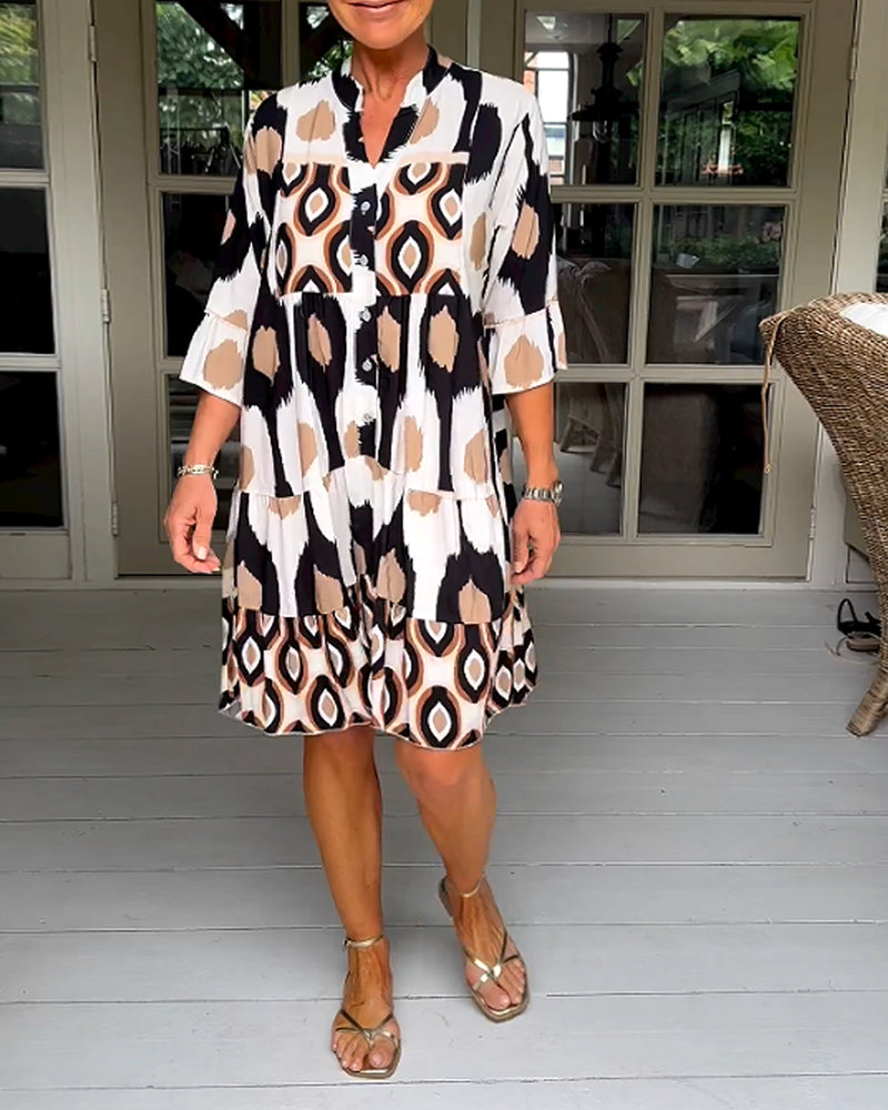 Elegant Geometric Print Button Dress