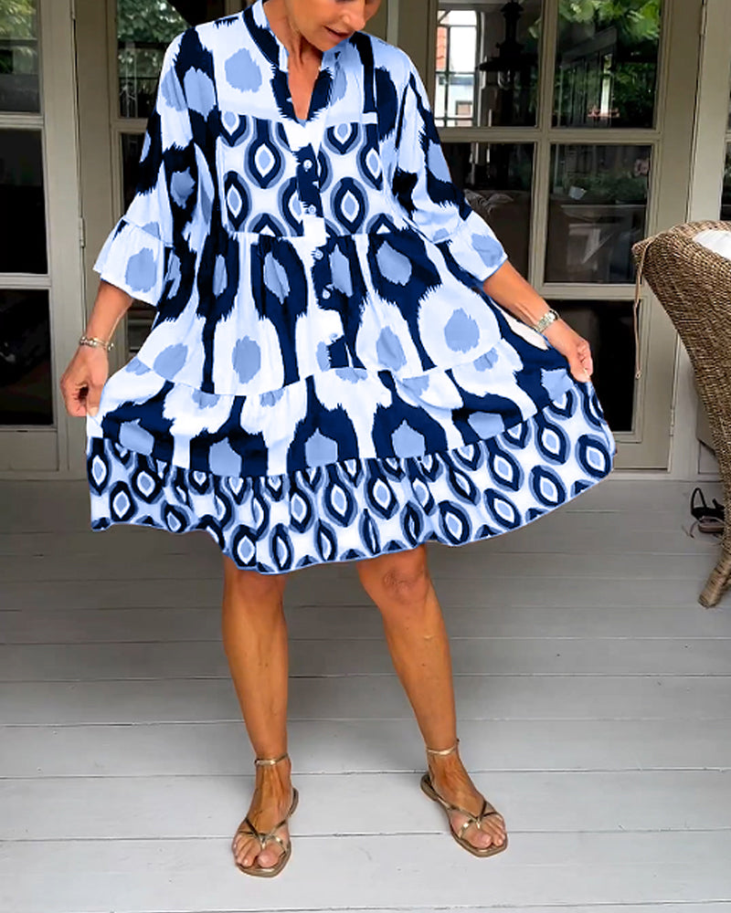 Elegant Geometric Print Button Dress