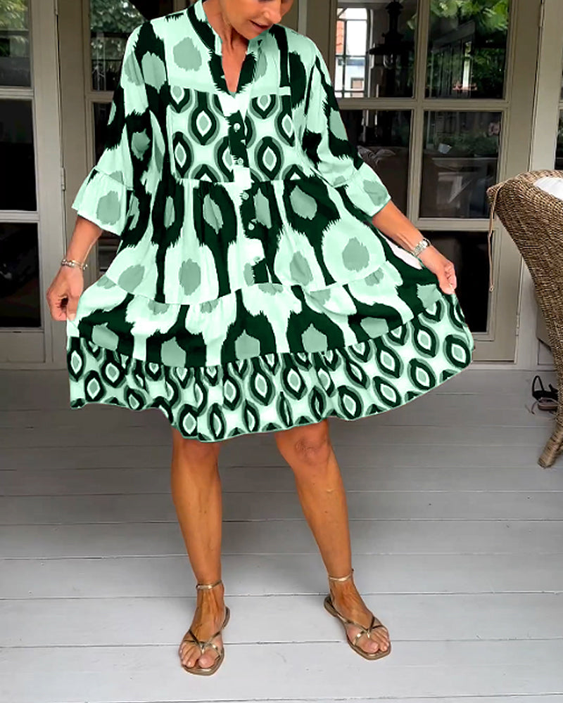 Elegant Geometric Print Button Dress