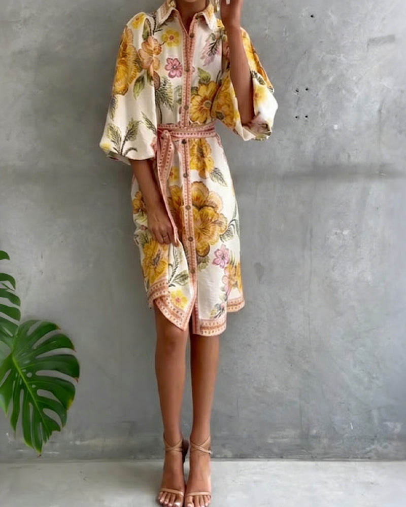 French Style Printed Dress with Lantern Sleeves