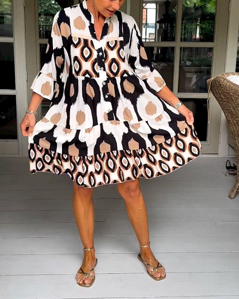 Elegant Geometric Print Button Dress