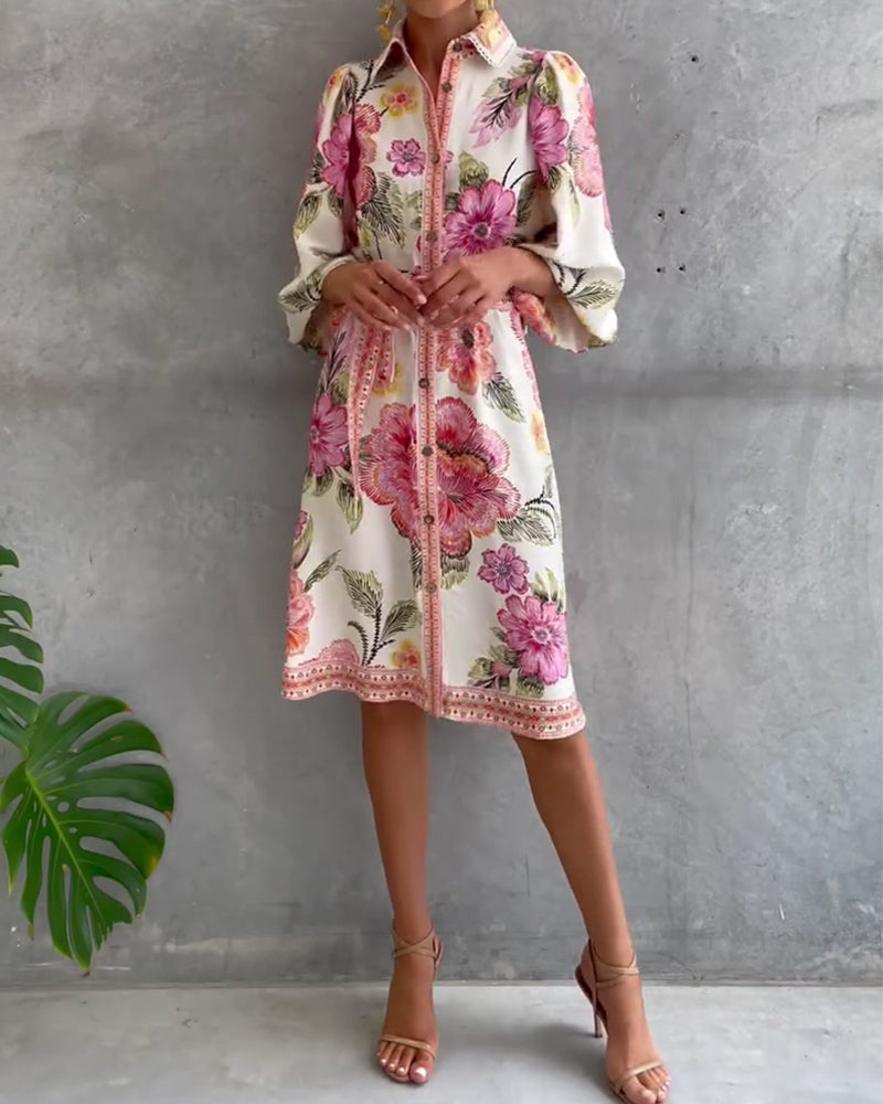 French Style Printed Dress with Lantern Sleeves