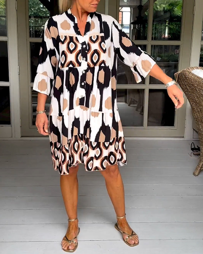 Elegant Geometric Print Button Dress
