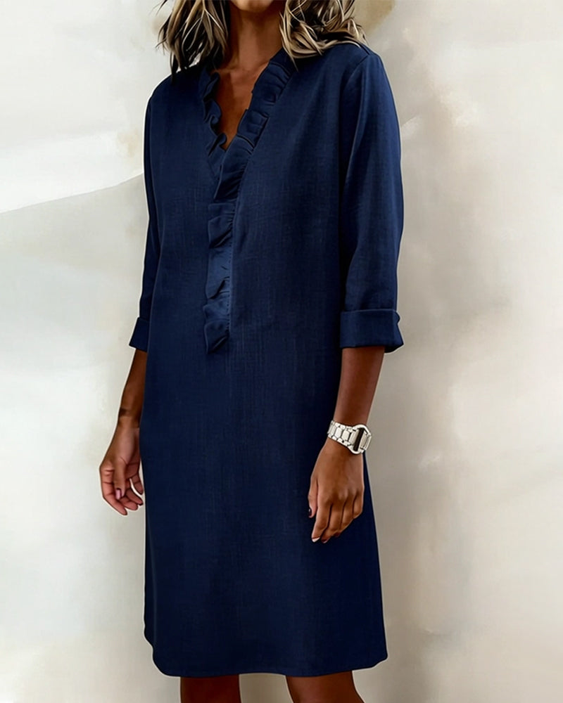Solid Color Ruched V-Neck Dress