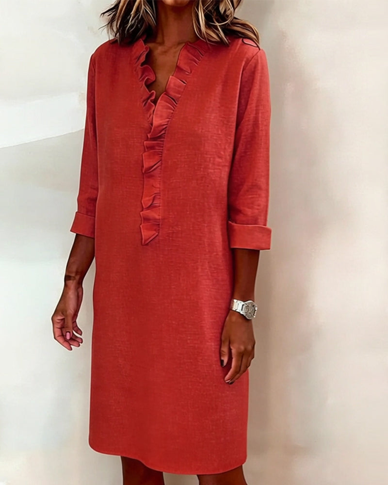 Solid Color Ruched V-Neck Dress