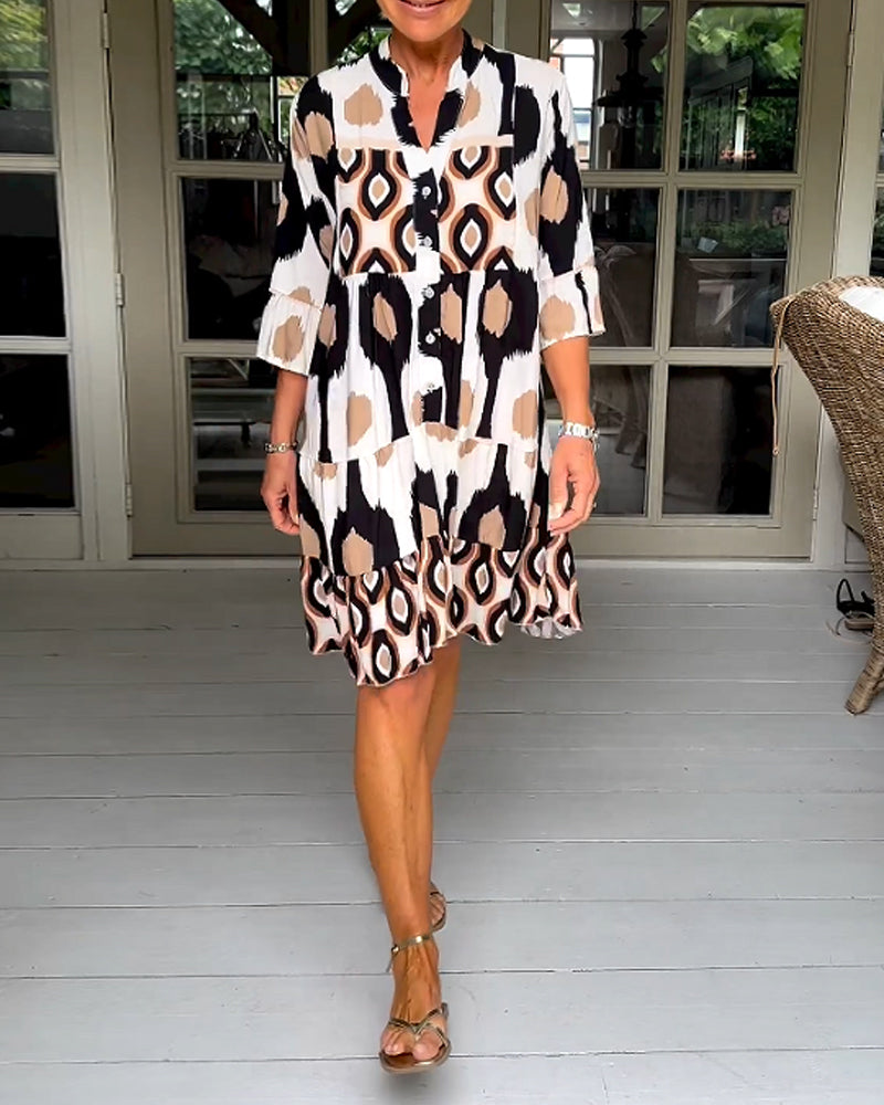 Elegant Geometric Print Button Dress
