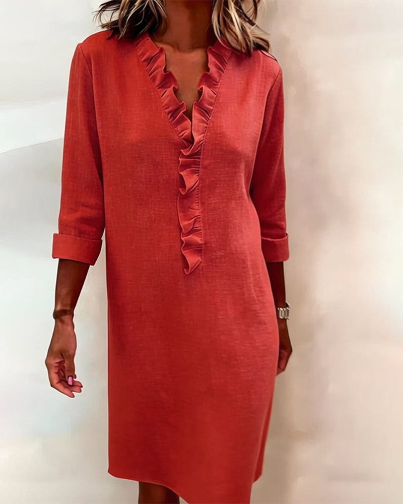 Solid Color Ruched V-Neck Dress