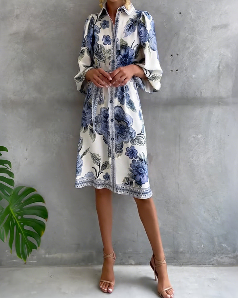 French Style Printed Dress with Lantern Sleeves