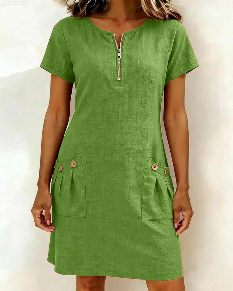 Cotton Linen Dress with Zipper and Pockets