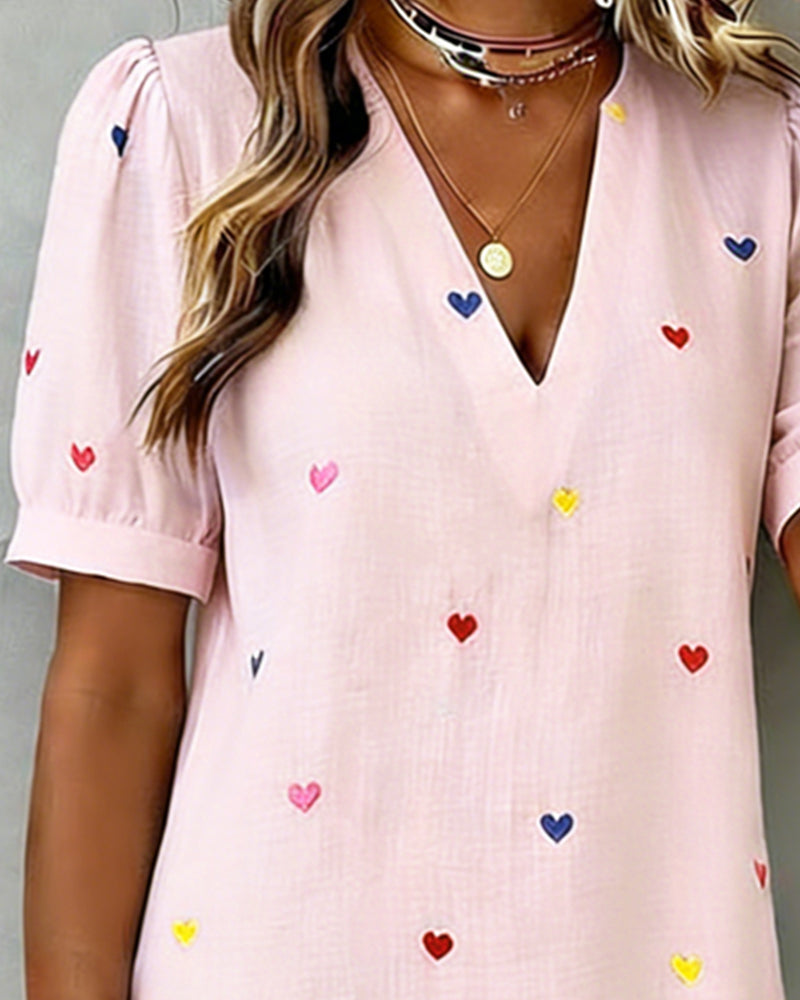 Colourful Heart Print V-Neck Dress