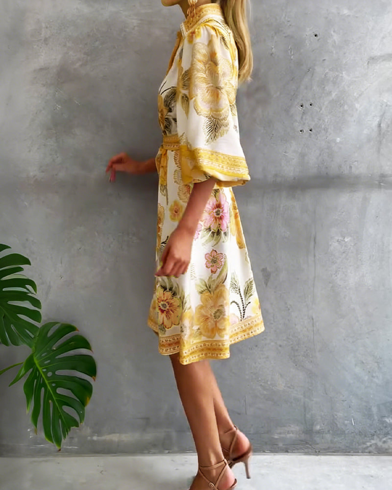 French Style Printed Dress with Lantern Sleeves