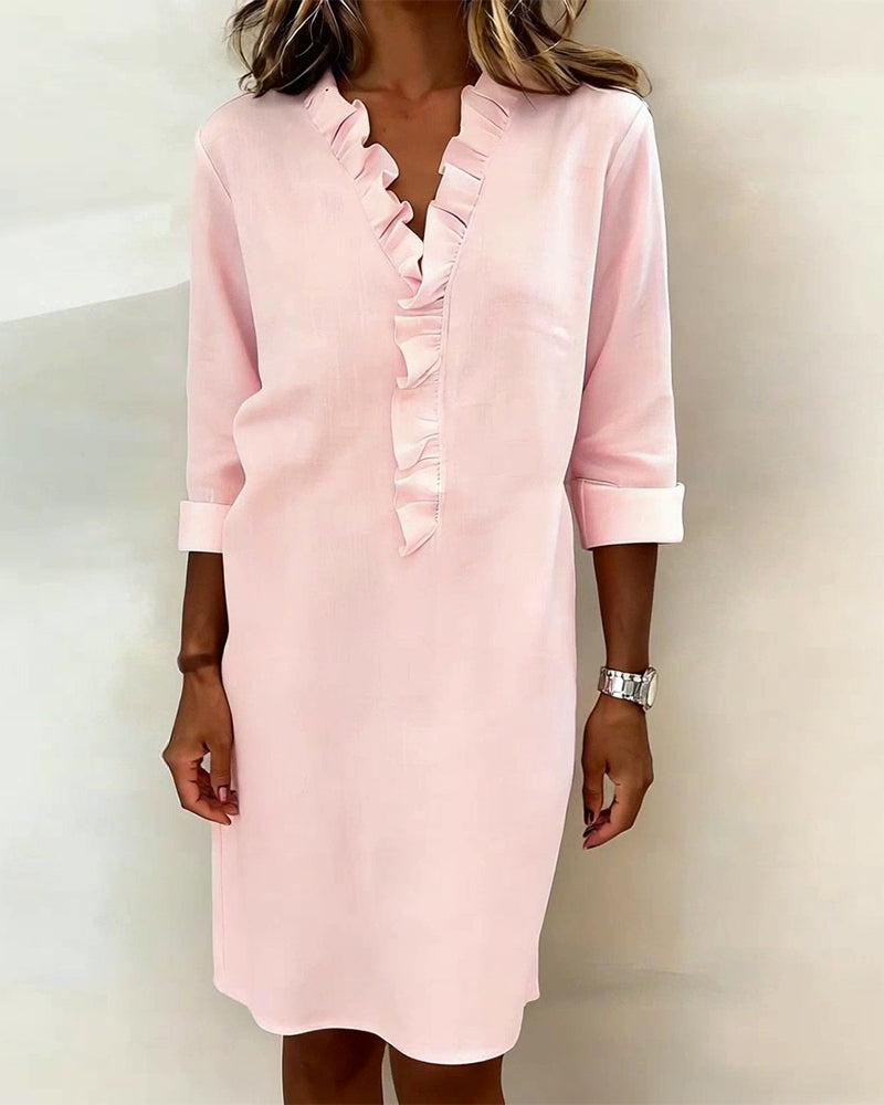 Solid Color Ruched V-Neck Dress