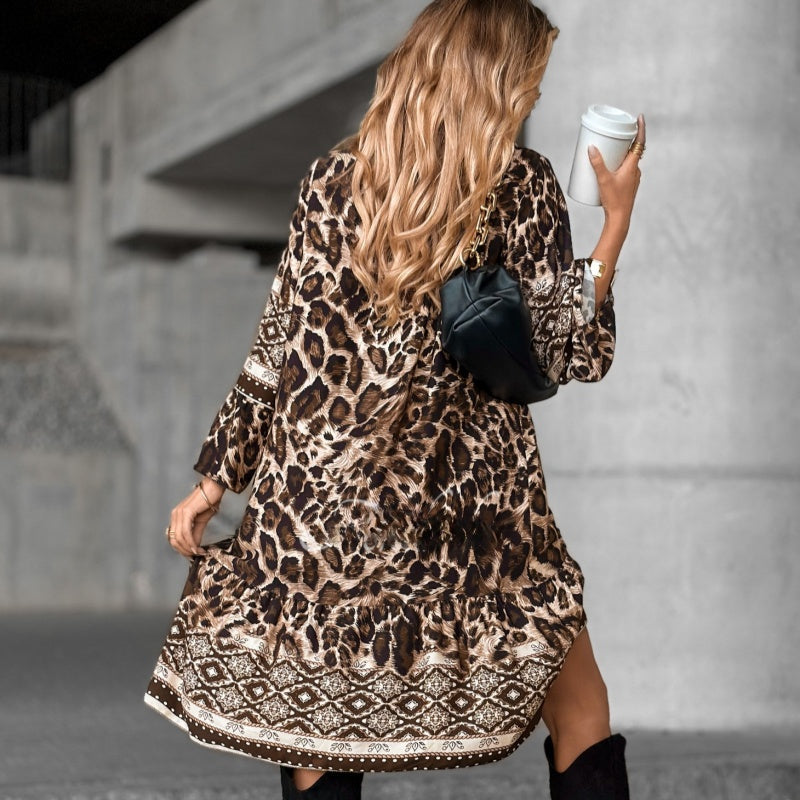 Elegant Printed V-Neck Long Sleeve Dress