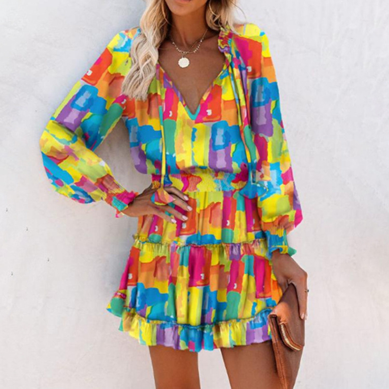 Women's V-Neck Long Sleeve Mini Dress with Ruffle Hem