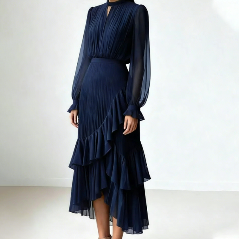 Womens Keyhole Neckline Ruffled Midi Dress