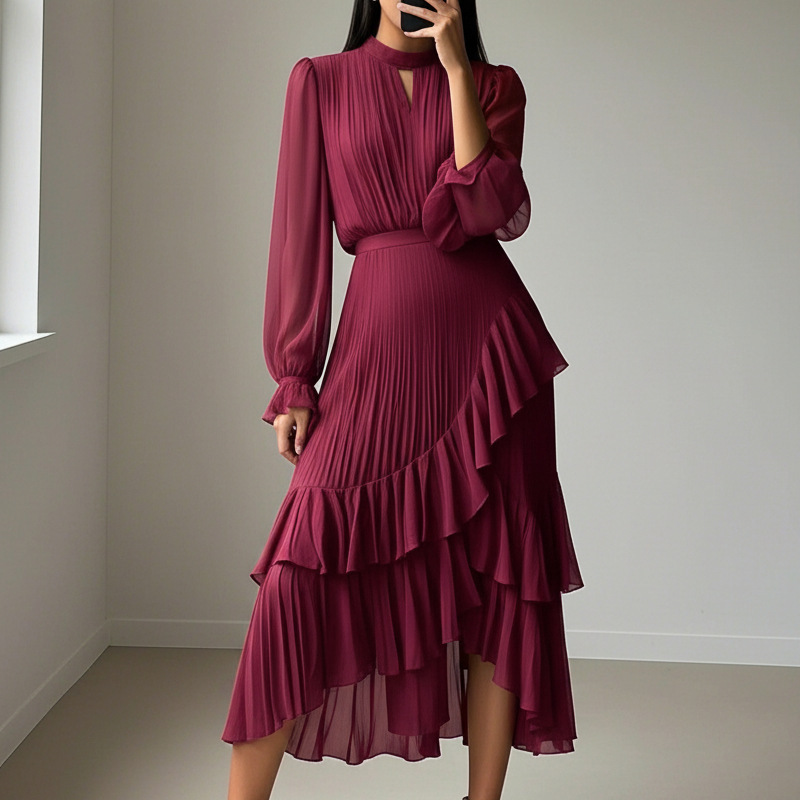 Womens Keyhole Neckline Ruffled Midi Dress