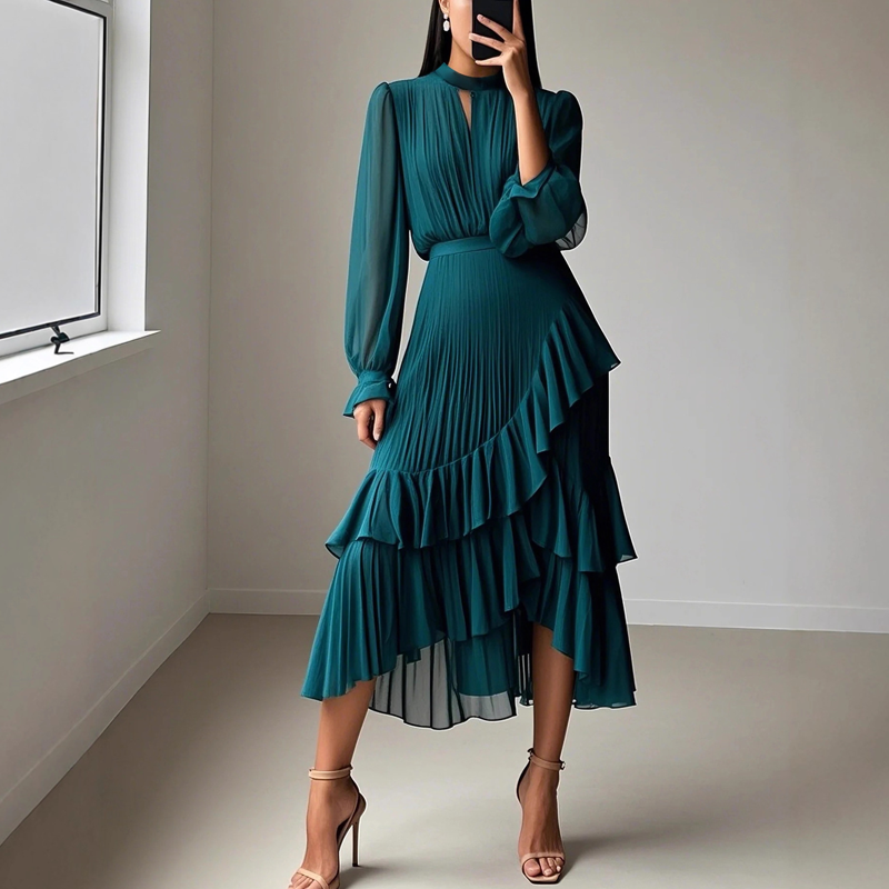 Womens Keyhole Neckline Ruffled Midi Dress